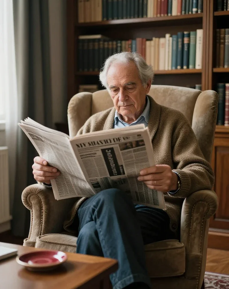 Un homme âgé lit calmement le journal, illustrant une réflexion posée sur l'actualité changeante.