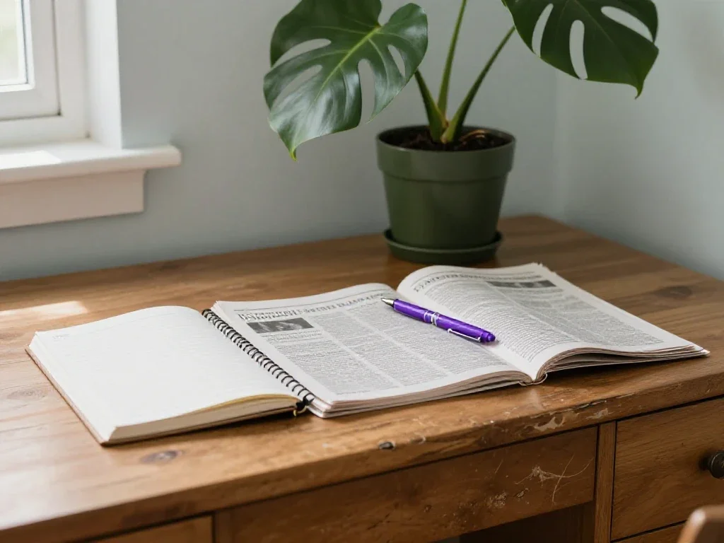 Table de rédaction avec journaux et carnets pour un espace de travail inspirant et organisé.